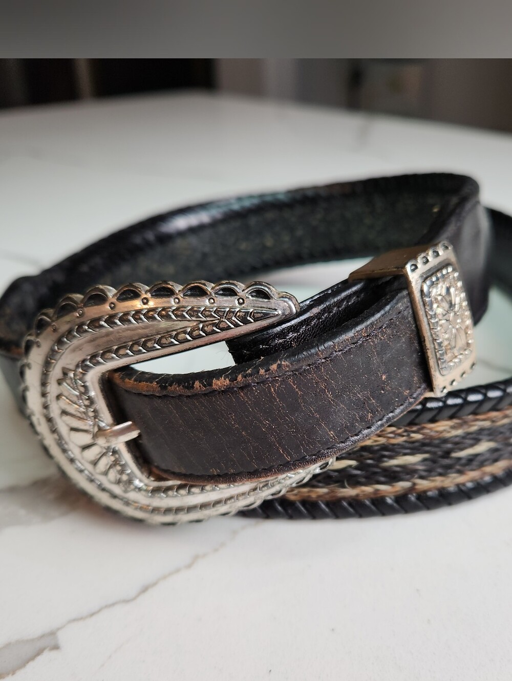 🤠 Vintage Western Leather & Horsehair Braid Men’s Belt — Size 40